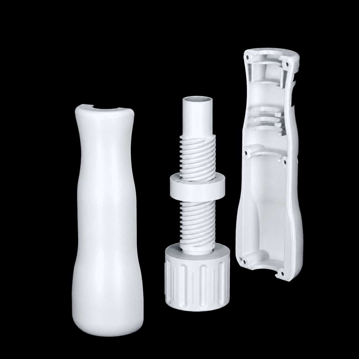 Illustration of unmarked white catheter handle components for design validation